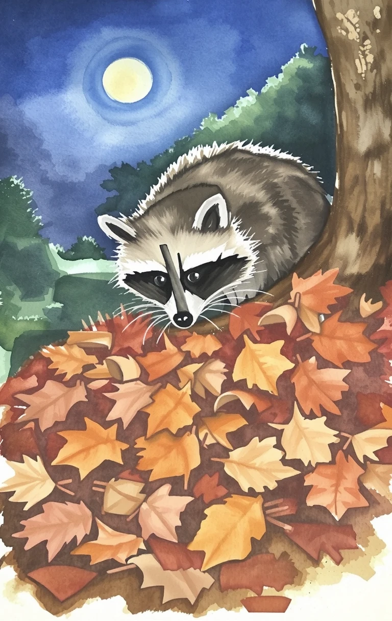 watercolor painting A curious raccoon rummaging through a pile of leaves at night, its eyes shining in the moonlight as it searches for food in a quiet, suburban backyard.