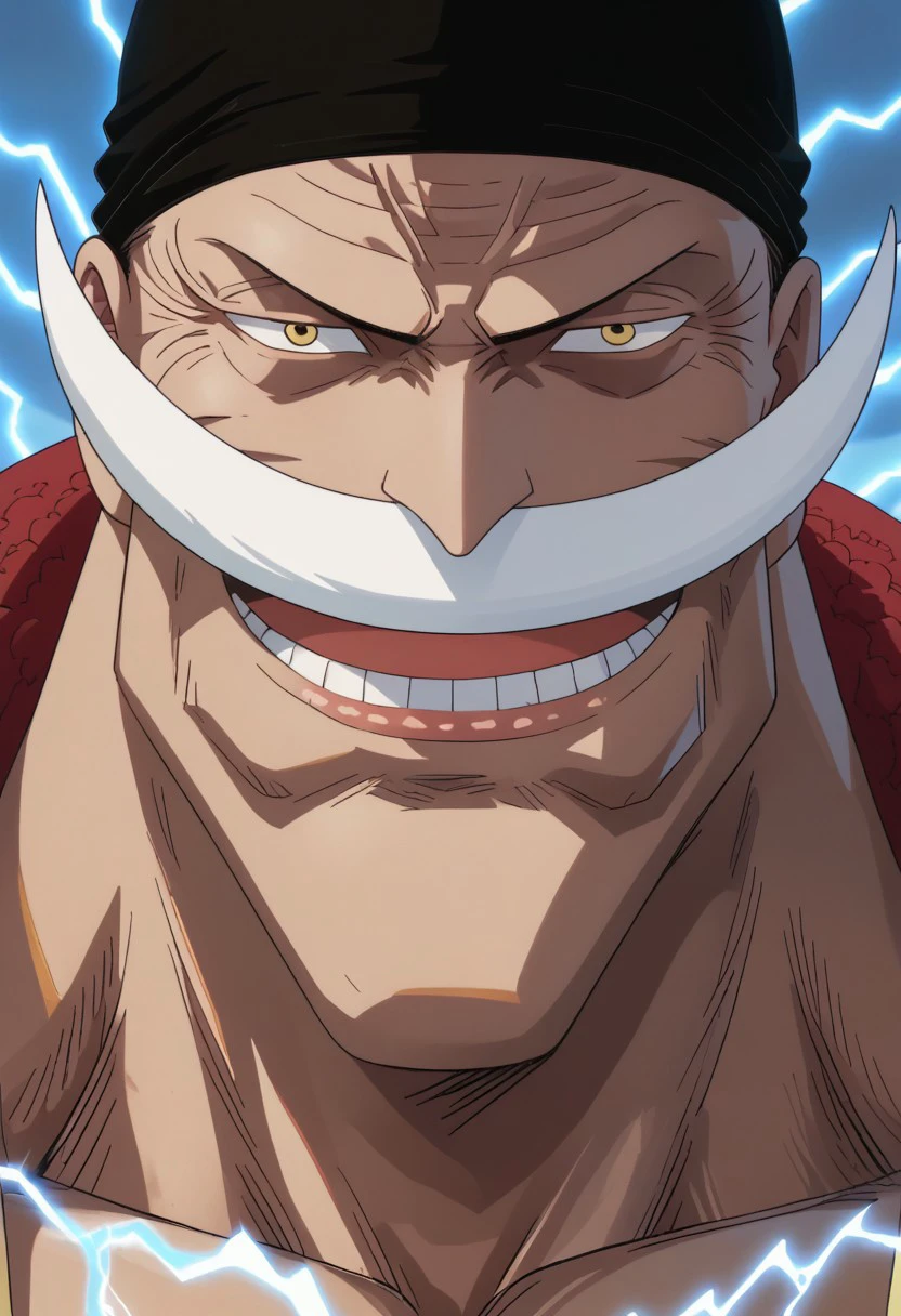 score_9, score_8_up, score_7_up, source_anime, rating_safe, Whitebeard_electricity, lightning, white_Whitebeard_facial hair, smile, black_Whitebeard_head bandana, yellow_Whitebeard_eyes, WhitebeardOP, 1boy, male focus, anime screencap,