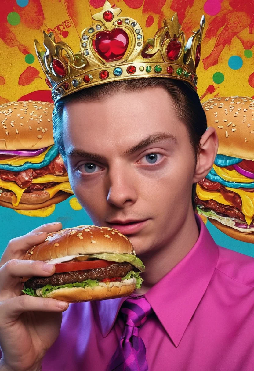 GTA-style artwork reviewbrah is a king of burgers,man,<lora:Reviewbrah SDXL:0.9>,crown, . Satirical, exaggerated, pop art style, vibrant colors, iconic characters, action-packed