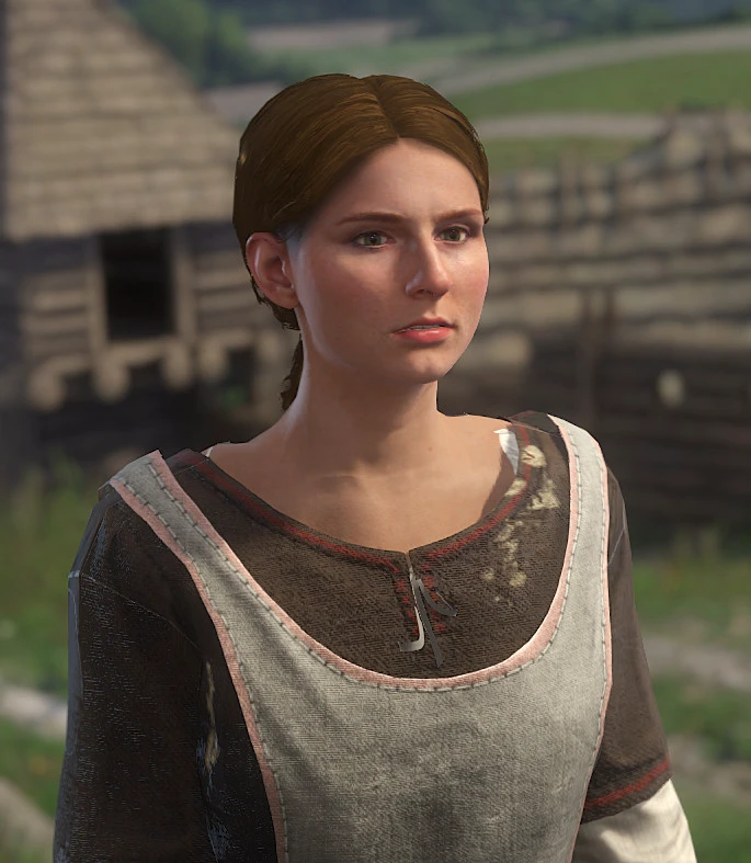 upper body, brown hair, sword, quiver, solo, weapon, theresa from kingdom come deliverance, dress, belt, 1girl, head tilt, open mouth, outdoors, brown eyes, green eyes, drinking, realistic, tree, blue eyes, 8k resolution, teeth, closed mouth