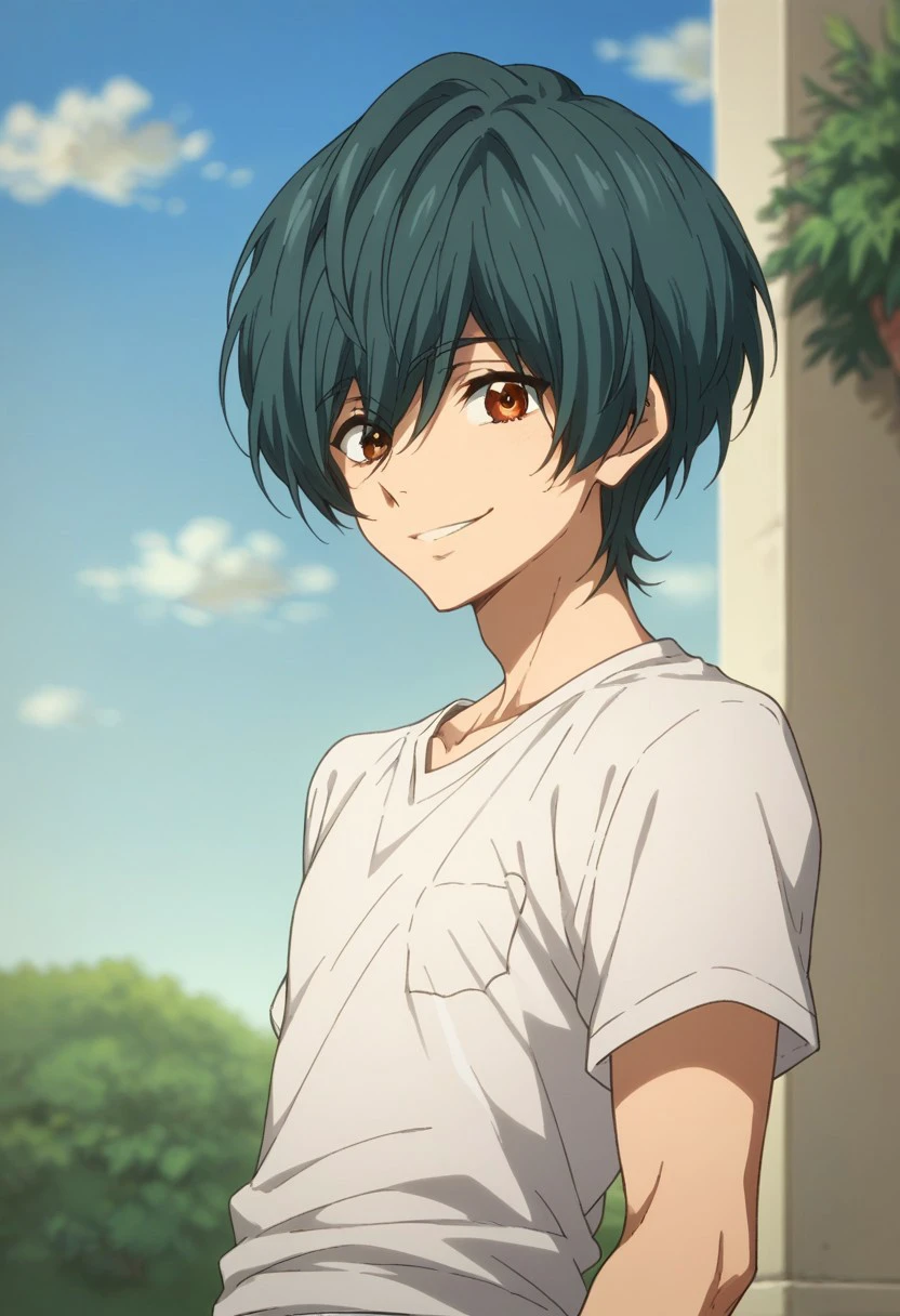 score_9, score_8_up, score_7_up, source_anime, highly detailed, 
ikuya, 1boy, solo, male focus, t-shirt, standing, pants, aqua hair, brown eyes, looking at viewer, smile, upper body
outdoor, sky, cloud, trees