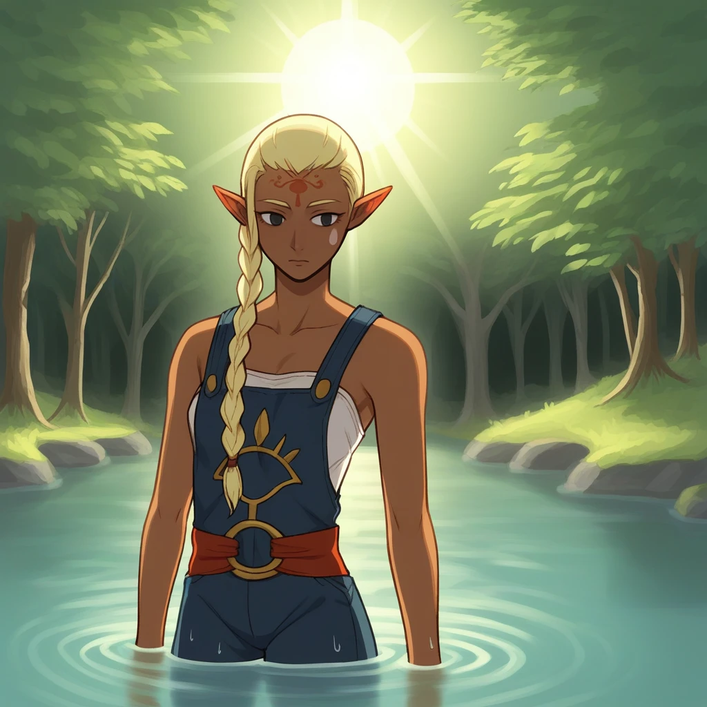 score_9, score_8_up, score_7_up, score_6_up, score_5_up, score_4_up, zPDXL2,source_anime,rating_questionable,1girl, cowboy shot,outdoors, river, trees, afternoon, sun rays, bathing, <lora:Impa_-_Skyward_Sword:0.8> Impa_SS, dark skin, blonde hair, braid, pointy ears, fore head mark,