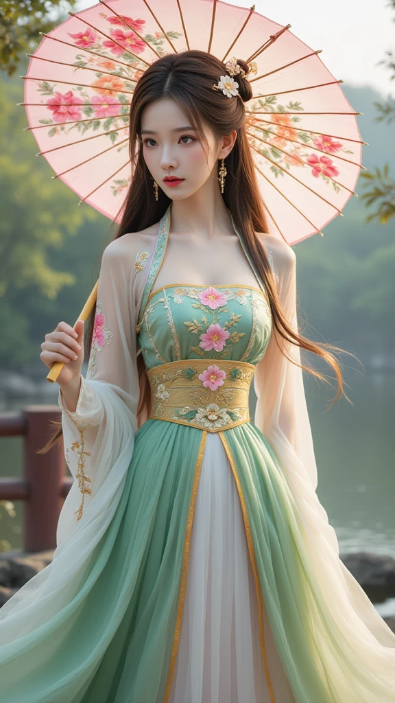 1qqq,realistic,best quality,masterpiece,highres,(exquisite body:1.5),gorgeous face,(milky skin:1.3),intricate details,high resolution,wallpaper,1girl,solo,dress,hair ornament,(((green and pink dress))),flowers,long hair,brown hair,closed mouth,jewelry,long sleeves,wide sleeves,big eyes,floating hair,chinese clothes,hanfu,embroidery,long skirt,natural pose,bridge,river,16K,HDR,highres,depth field,(film grain:1.1),boken,golden hour,(lens flare),vignette,rainbowing,(color grading:1.5),(large breasts:1.2),full body, Oil paper umbrella