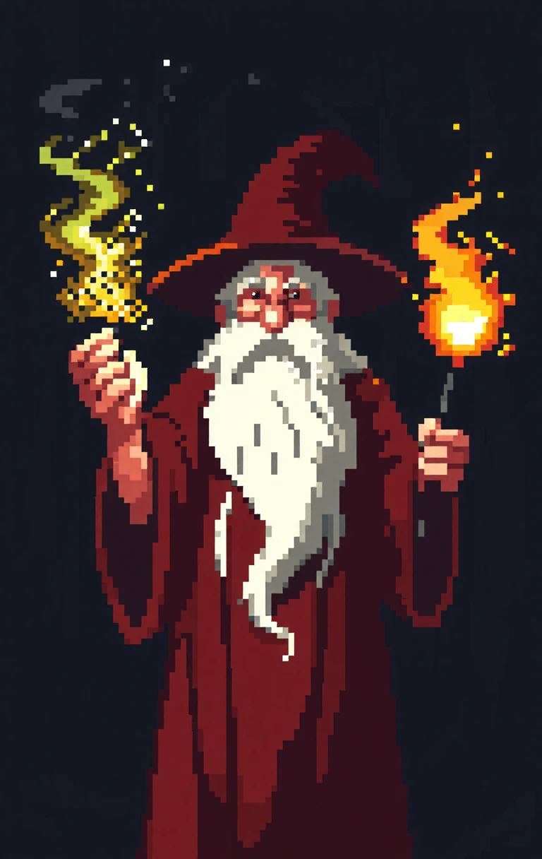 pixel art shows an elderly wizard with a long white beard and a pointed hat. He is wearing a red robe and is holding a magic wand in his right hand. The wand is glowing orange and yellow, and there are sparks flying around him. The background is dark, and the wizard appears to be standing in a wooded area. pixel art is taken from a low angle, looking up at the wand.