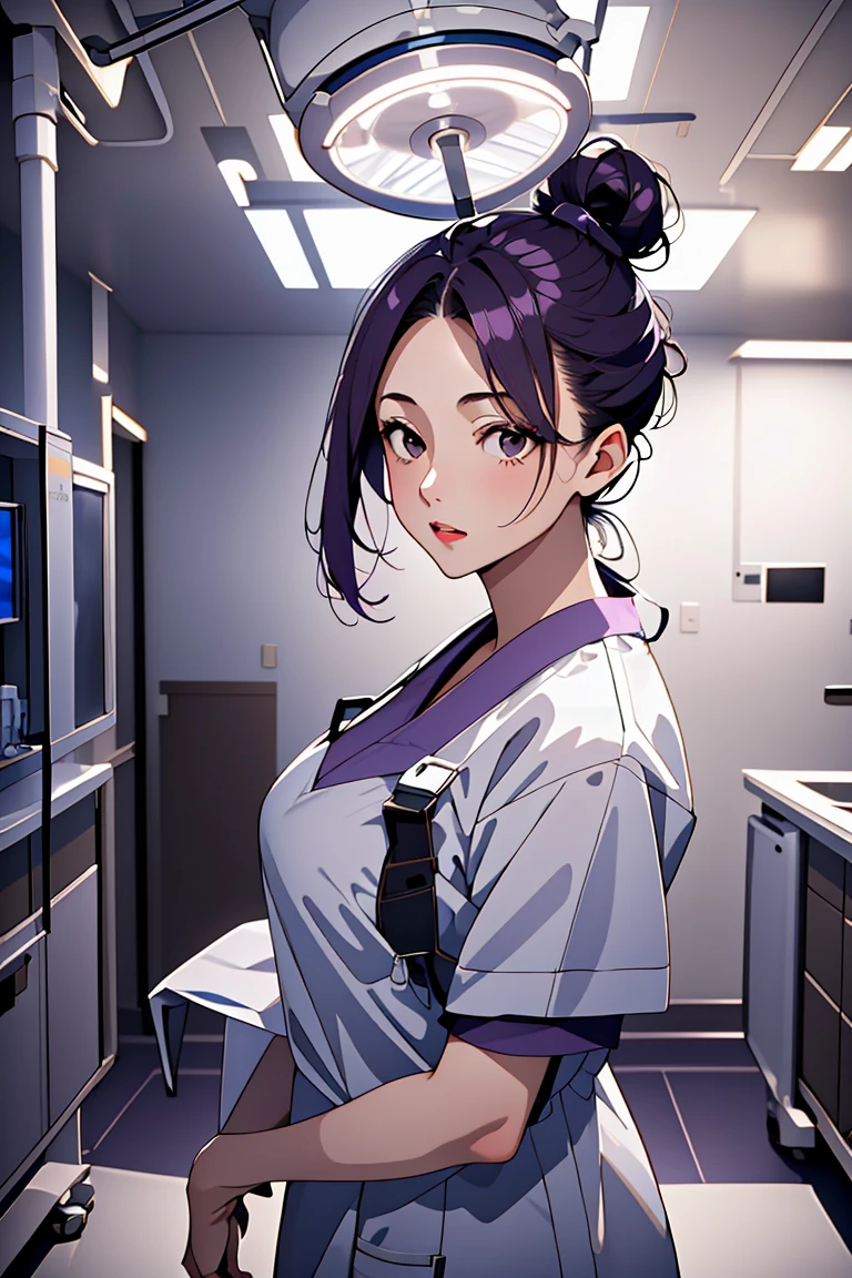 (RAW photo, best quality,facing the viewer,from front), operating room, overhead surgical light,blurred background, focused, dithering,backlighting,
 <lora:CMC_Katherine_Moretti_V1.0:0.9> cmc924, katherine moretti, 1girl, solo,dark purple hair, single hair bun, brown eyes,long hair,
 <lora:DW_PG_Doctor_ConceptOperatingRoomSD0_0:1> operating room