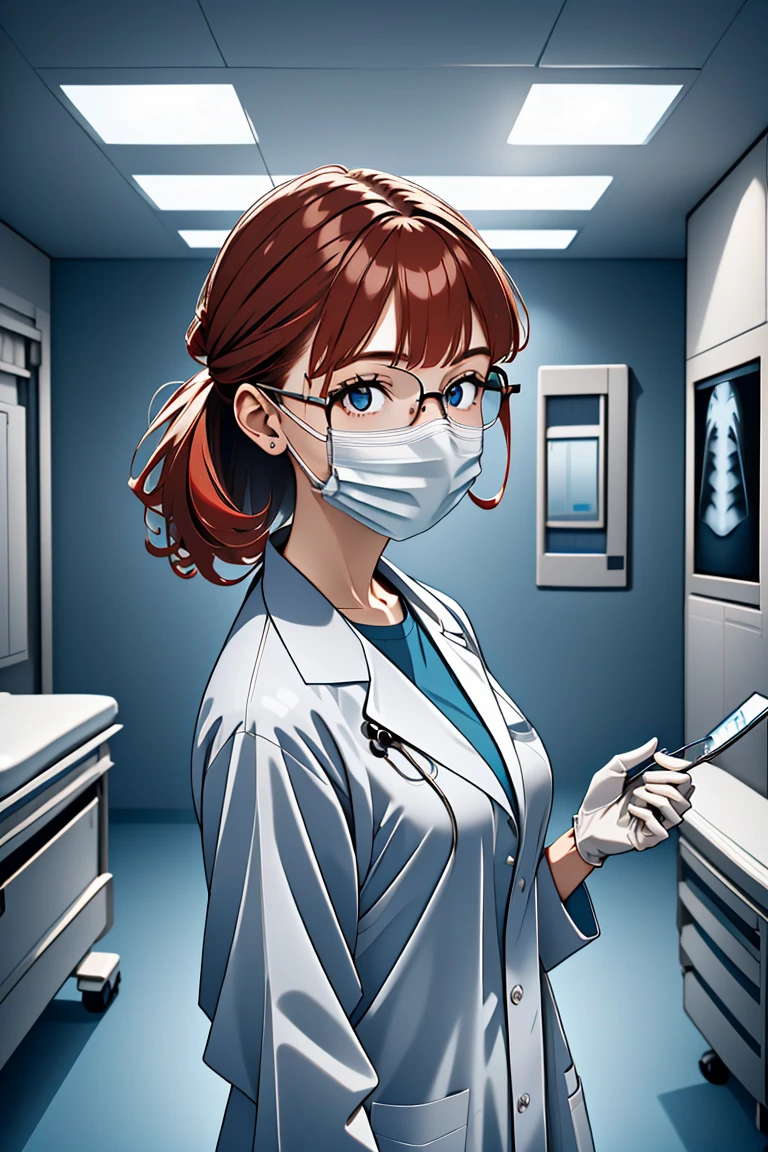 (RAW photo, best quality,facing the viewer,from front), operating room, overhead surgical light,blurred background, focused, dithering,backlighting,
 <lora:CMC_Laura_Marino_V1.0:0.7> cmc924, laura marino, 1girl, solo,red hair,glasses, 
<lora:CM_Doctor_Checking_Xray_V2.0:0.9> doctor xray, 1girl, solo, surgical mask, doctor, looking at viewer, labcoat,xray,