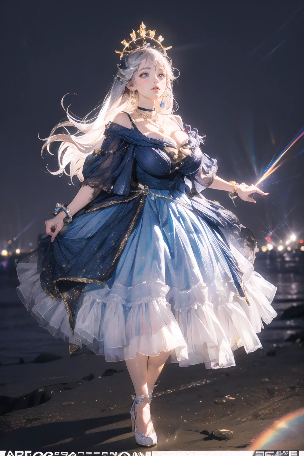 (masterpiece, best quality:1.2),illustration,8k,hd,huge filesize,lens flare,1 girl,very long hair,solo,cldqz,dress,blue dress,hair ornament,bracelet,jewelry,choker,bracelet,bow,necklace,(silver hair:1.1),huge breasts,(cleavage:1.2),bouncing breasts,day,extremely detailed dress,sky,crystalstexture skin,areola,nipples,off shoulder,<lora:killerè¸é¨å¤§å°è°èå¨v2-02:0.65>,