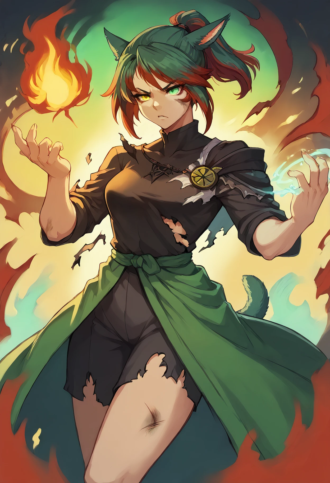 score_9, score_8_up, score_7_up, miqo'te, green hair, red hair, ponytail, short hair, siriha, two-tone hair, tail, heterochromia, yellow eyes, green eyes, mage, spell, robes, pyrokinesis, expresionless, evil, burnt-clothes, burnt clothes, burnt,magic, fireball
<lora:miqote siri (pony) v1:1.0>  <lora:Burned Clothes (pony) v1:0.8>