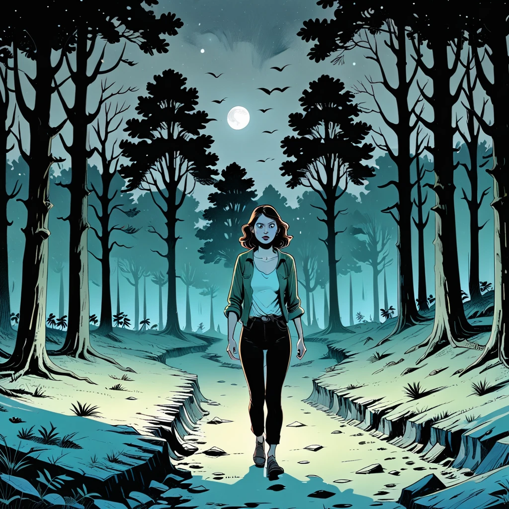 graphic novel, woman in a dark and eerie forest at night, wandering with a flashlight, monsters lurking in the background