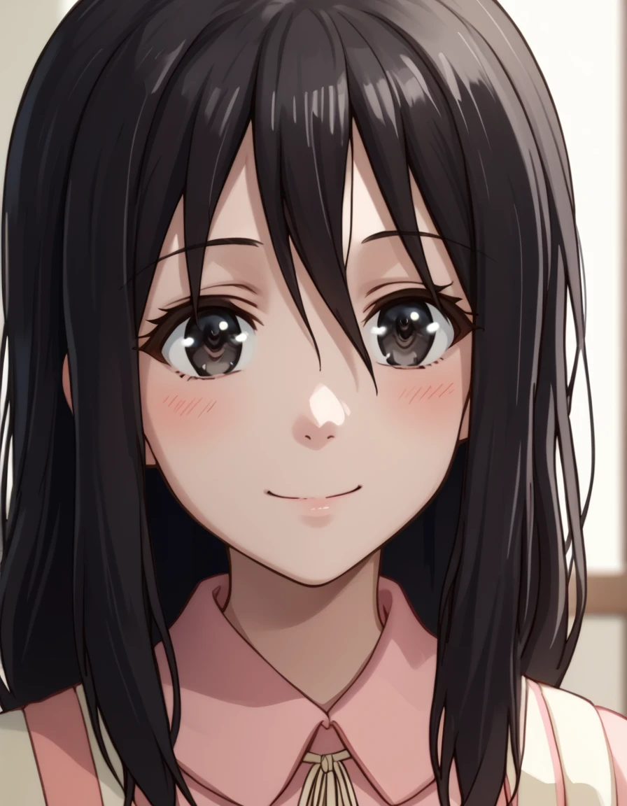 Luka, long hair, black hair, black eyes, score_9, score_8_up, score_7_up, score_6_up, score_5_up, score_4_up, source_anime  <lora:LandofLeadale:1> soft smile, portrait