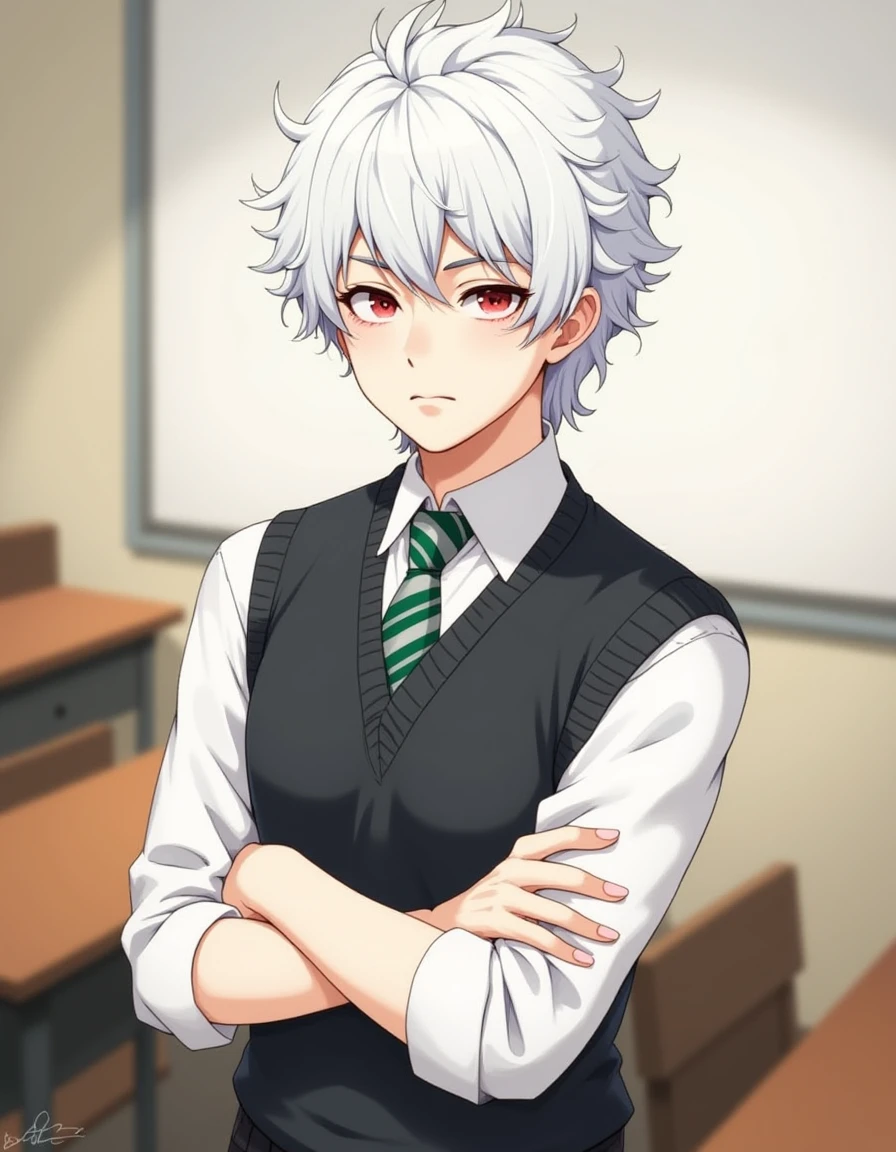 <lora:Astarion_Baldurs_Gate_3-000011:1>, BG3_Astarion wearing a private school uniform, dark grey sweater vest, white collared shirt, green and silver striped tie, white hair, red eyes, arms crossed, classroom background, illustration