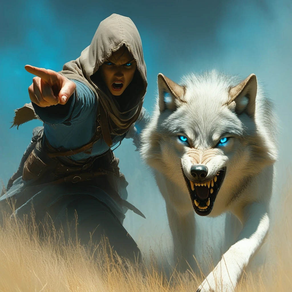 Wolf and Ranger, 1woman, Pointing, Charging, hooded, blue eyes, snarling,