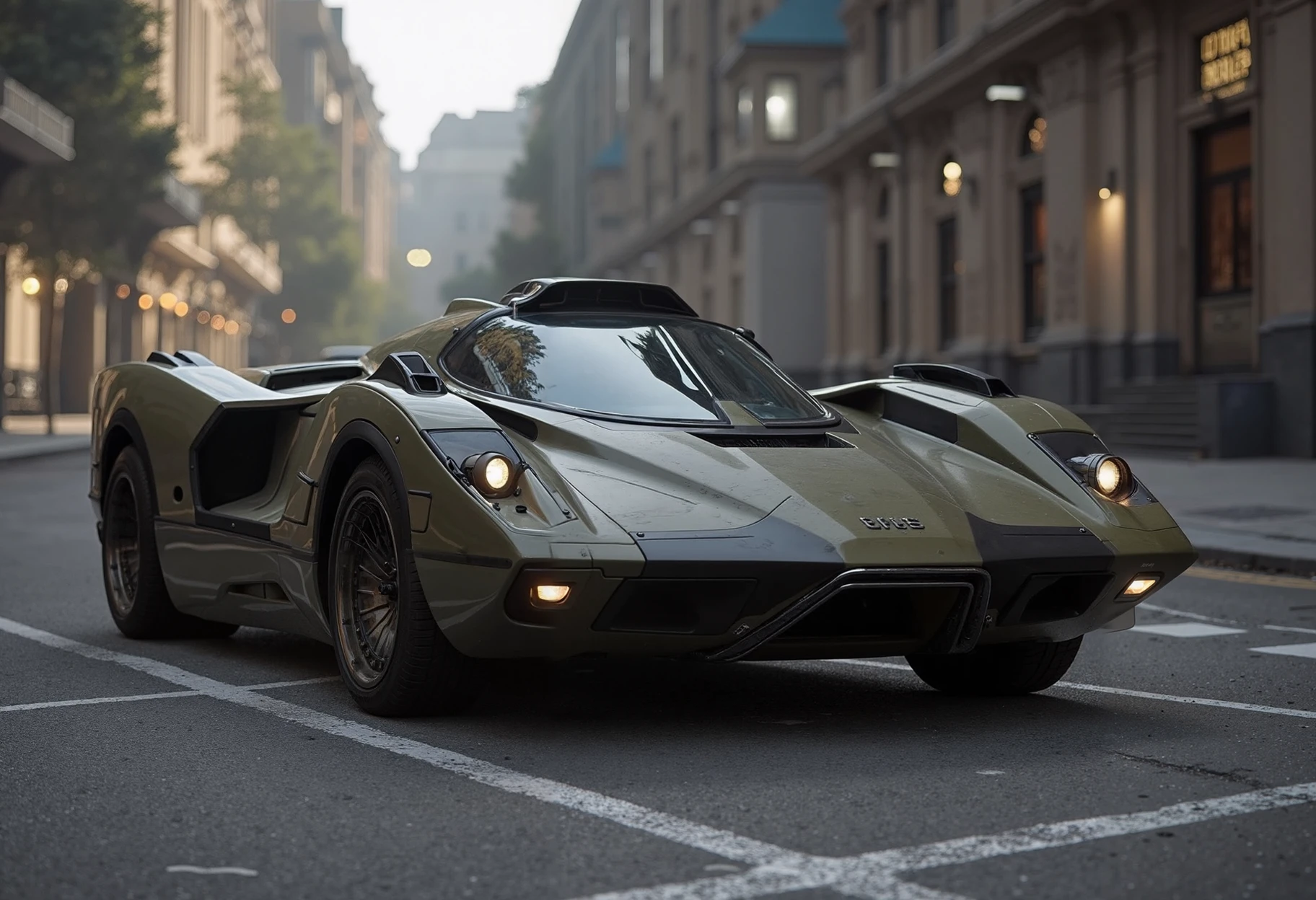 low-angle cinematic shot of a vintage-looking futuristic muscle car designed by aegis aerodynamics. The car is parked on the street in an urban area surrounded by appartment buildings and a few trees.

The car itself is very clean and the shiny paint job gives it an elegant but industrial military style. The headlights have an orange glow