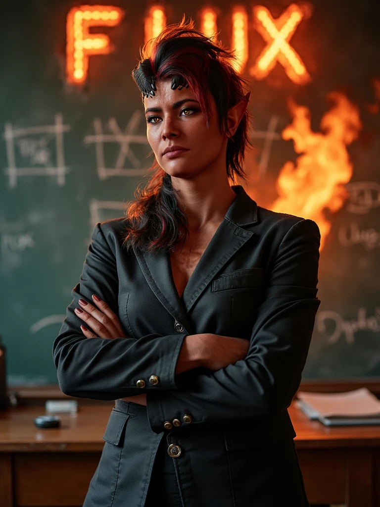 woman teacher wearing a black suit and skirt with a chalkboard behind her. the chalkboard says "FLUX". The chalkboard is on fire., best quality, 4k, 8k, high resolution, cinematic, vibrant, intricate, Hyperrealistic, high detail