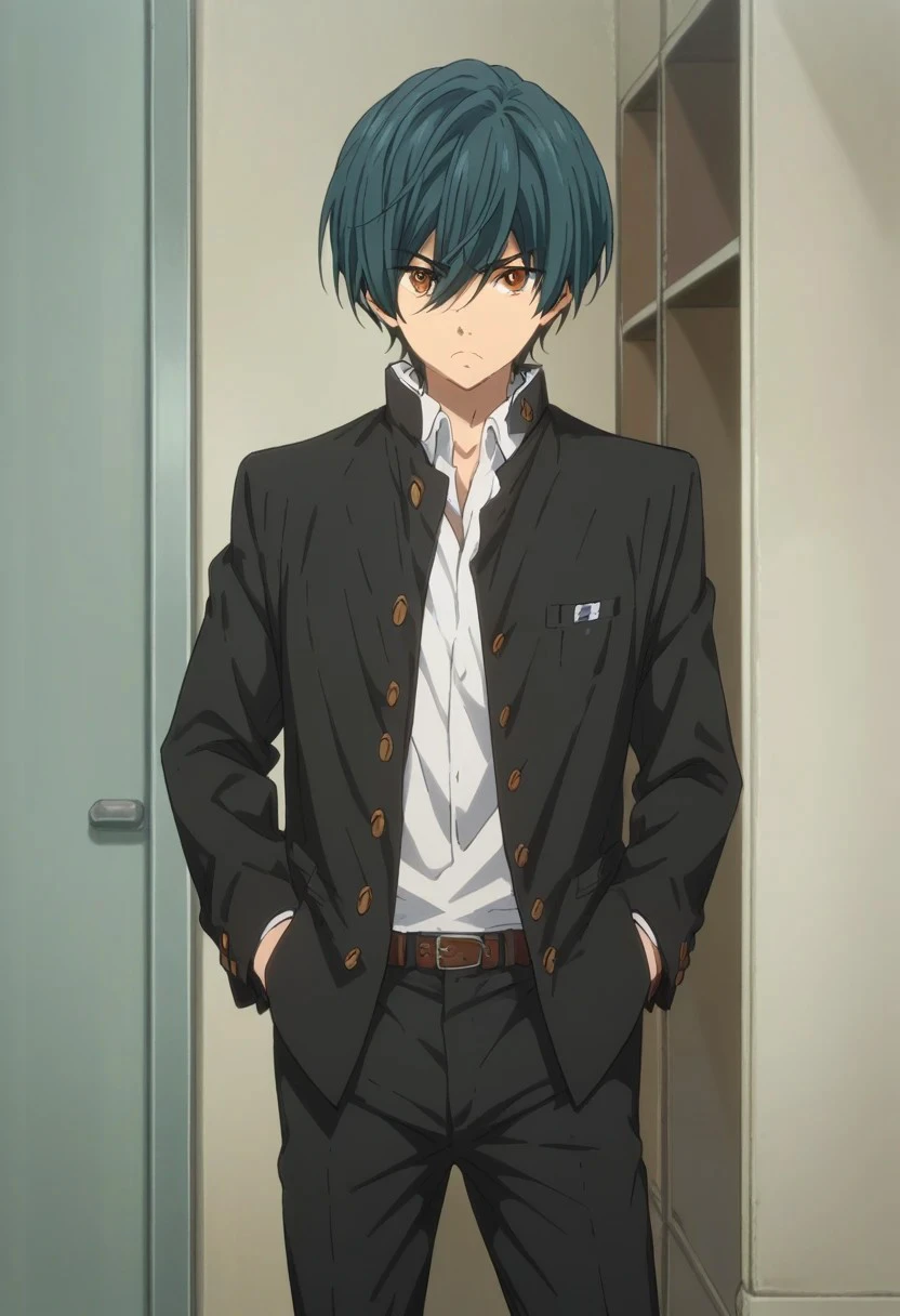 score_9, score_8_up, score_7_up, source_anime, highly detailed, 
ikuya, 1boy, solo, male focus, hands in pockets, school uniform, gakuran, standing, pants, aqua hair, brown eyes, looking at viewer, frown
indoor, japanese,