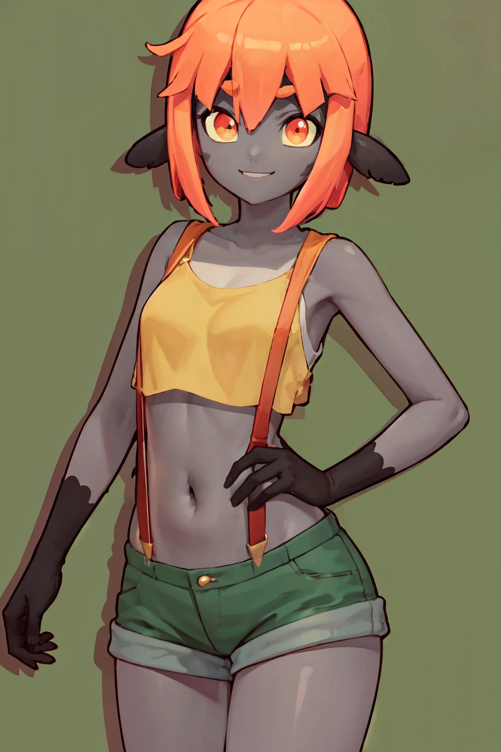 ((masterpiece,best quality)), absurdres,  BREAK, , <lora:Sammy_Horsefeathers:0.5>, ZzSammy, short hair, colored skin, orange hair, monster girl, black skin, orange eyes, dark skin, colored sclera, grey skin, pointy ears, , BREAK,  <lora:Misty_Pokemon_Cosplay_v3:0.8>,  misty (pokemon) (cosplay), yellow crop top, suspenders,, BREAK, solo, smile, looking at viewer, cowboy shot,