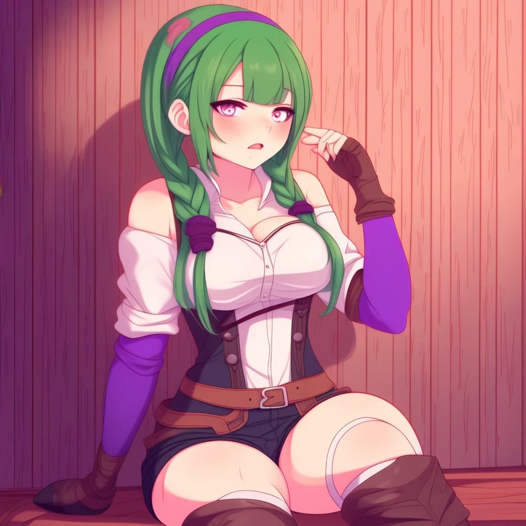 green hair, elbow pads, braid, stuck, thigh boots, purple hairband, masturbation, fellatio, blush