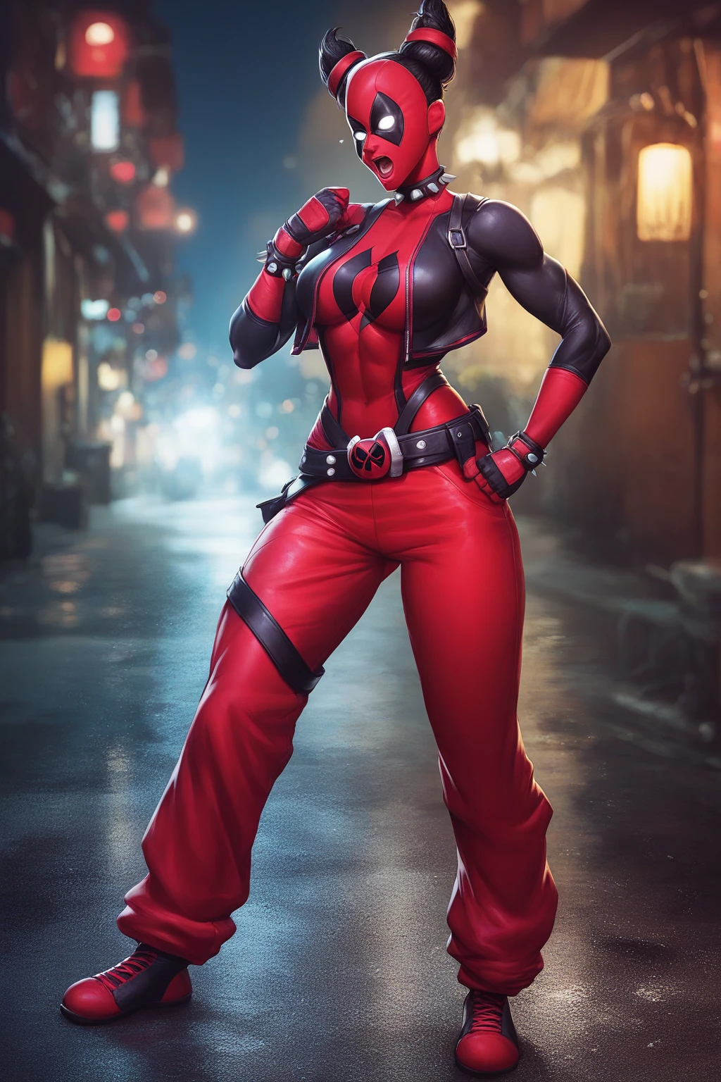 score_9, score_8_up, score_7_up, score_6_up, score_5_up, score_4_up, masterpiece, high quality, BREAK, full body, BREAK, 1girl, <lora:Deadpoolification:0.9> deadpoolification, deadpool, red and black clothes, white eyes, mask, bodysuit, full face mask, face covering, full mask,  <lora:Juri -SDXL (Pony)-v01:0.6> juridgsf6, full body, open mouth