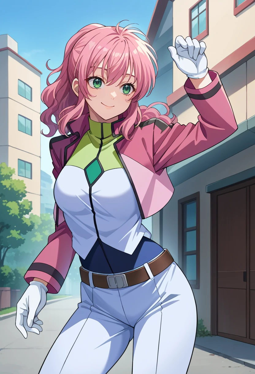 score_9, score_8_up, source_anime, 1girl, solo, FeldtDefault, long hair, ponytail, multicolored shirt, white shirt, green shirt, pink jacket, cropped jacket, white gloves, belt, white pants, standing, smile, outdoors, dynamic pose, <lora:ChamFeldtGracePonyXL:1>