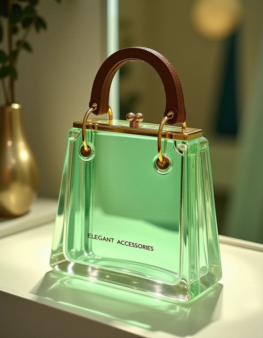 Text: "ELEGANT ACCESORIES" in modern typography beneath a light green crystal bag with gold trim on a display table, showcasing a glass handbag with a brown leather handle. A close-up fashion photograph captured with a Canon EOS R5, RF 85mm f/1.2L lens, featuring bright ambient light enhancing glistening details and subtle shadow play