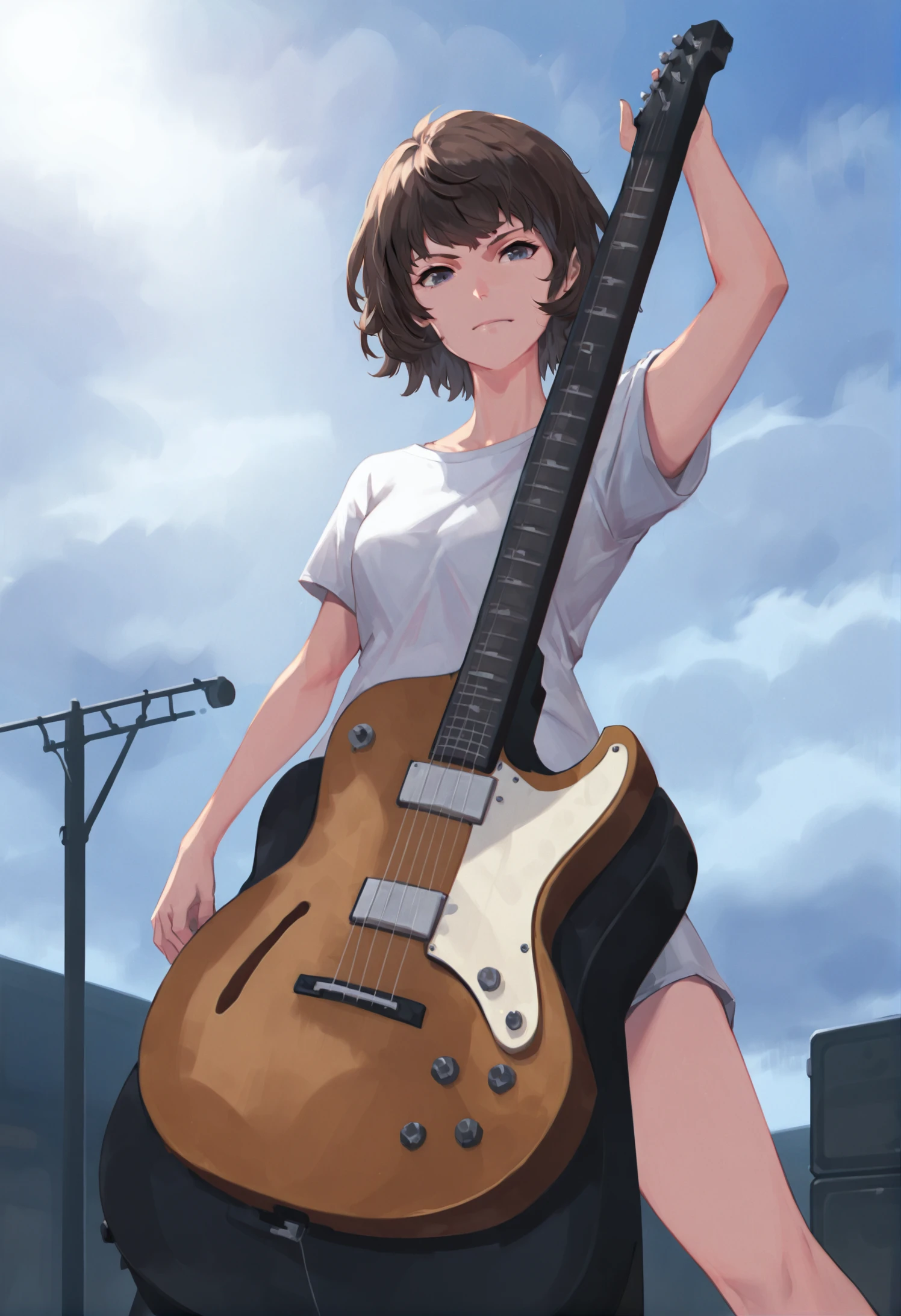 masterpiece, best quality, 1girl, guitar, solo, instrument, sky, outdoors, short hair, shirt, arm up, cloud, blue sky, white shirt, electric guitar, short sleeves, standing, black hair, brown hair, closed mouth, day 
 <lora:mineoXLlokr4f-000176:0.95>