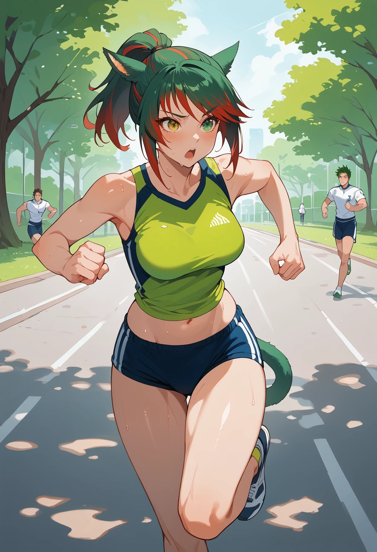 score_9, score_8_up, score_7_up, miqo'te, green hair, red hair, ponytail, short hair, siriha, heterochromia, yellow eyes, green eyes, two-tone hair, tail, medium breasts, sport shirt, buruma, running, park, sweat, nature
<lora:miqote siri (pony) v1:1>