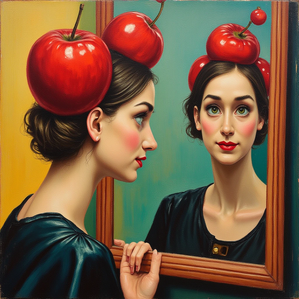 Abstract Surrealist cubist painting depicting a woman with green eyes and a red apple on her head looking at herself in the mirror. ,<lora:elilail_flux_1_standard_v2-000019:1>