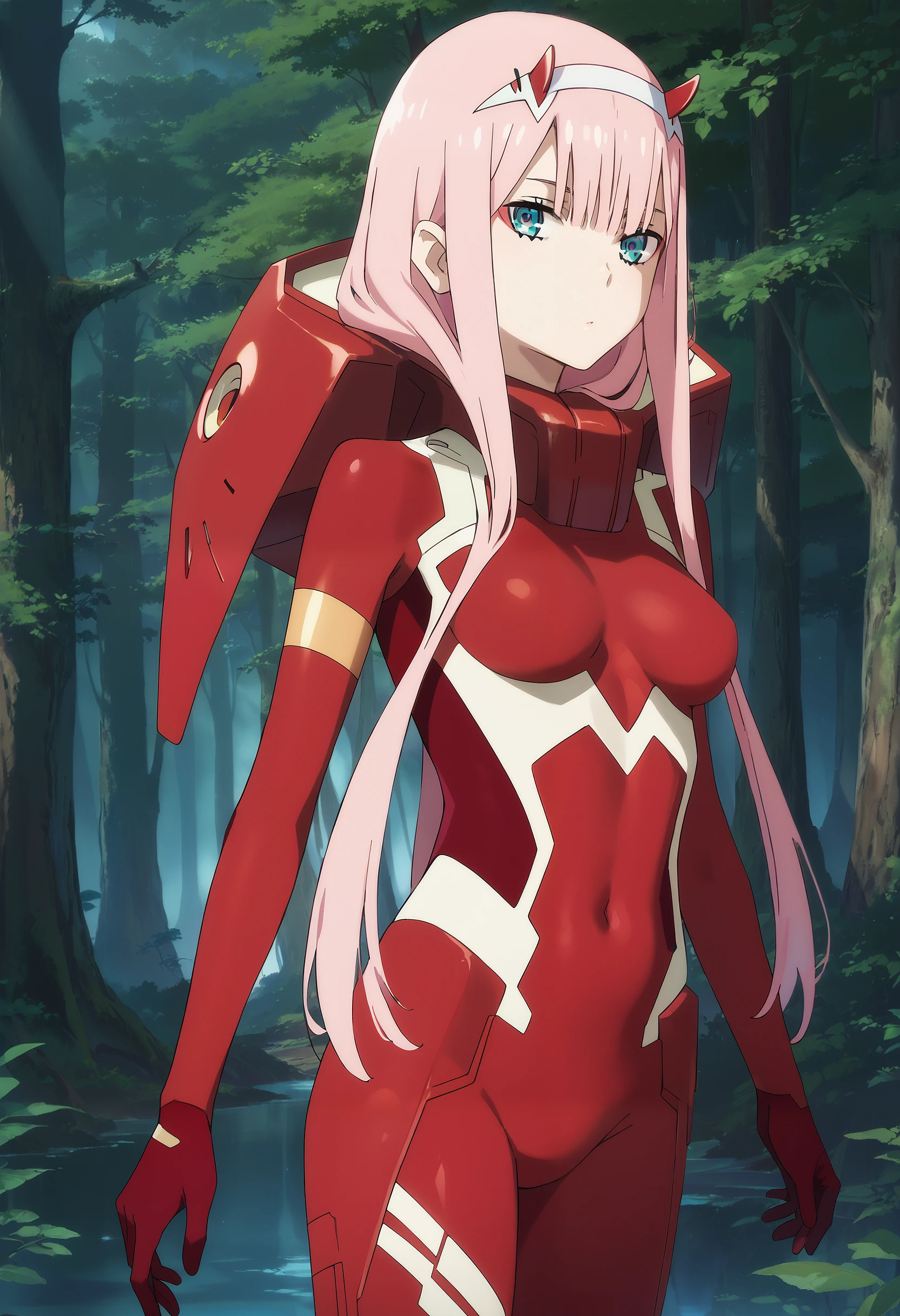 score_9, score_8_up, score_7_up, source_anime, masterpiece, best quality, perfect anatomy, very aesthetic, absurdres, 1girl, solo,

zero_two, pink hair, long hair, horns, hairband, blue eyes, make up,
bodysuit, red bodysuit,

outdoors, forest, night, looking at viewer, cowboy shot,