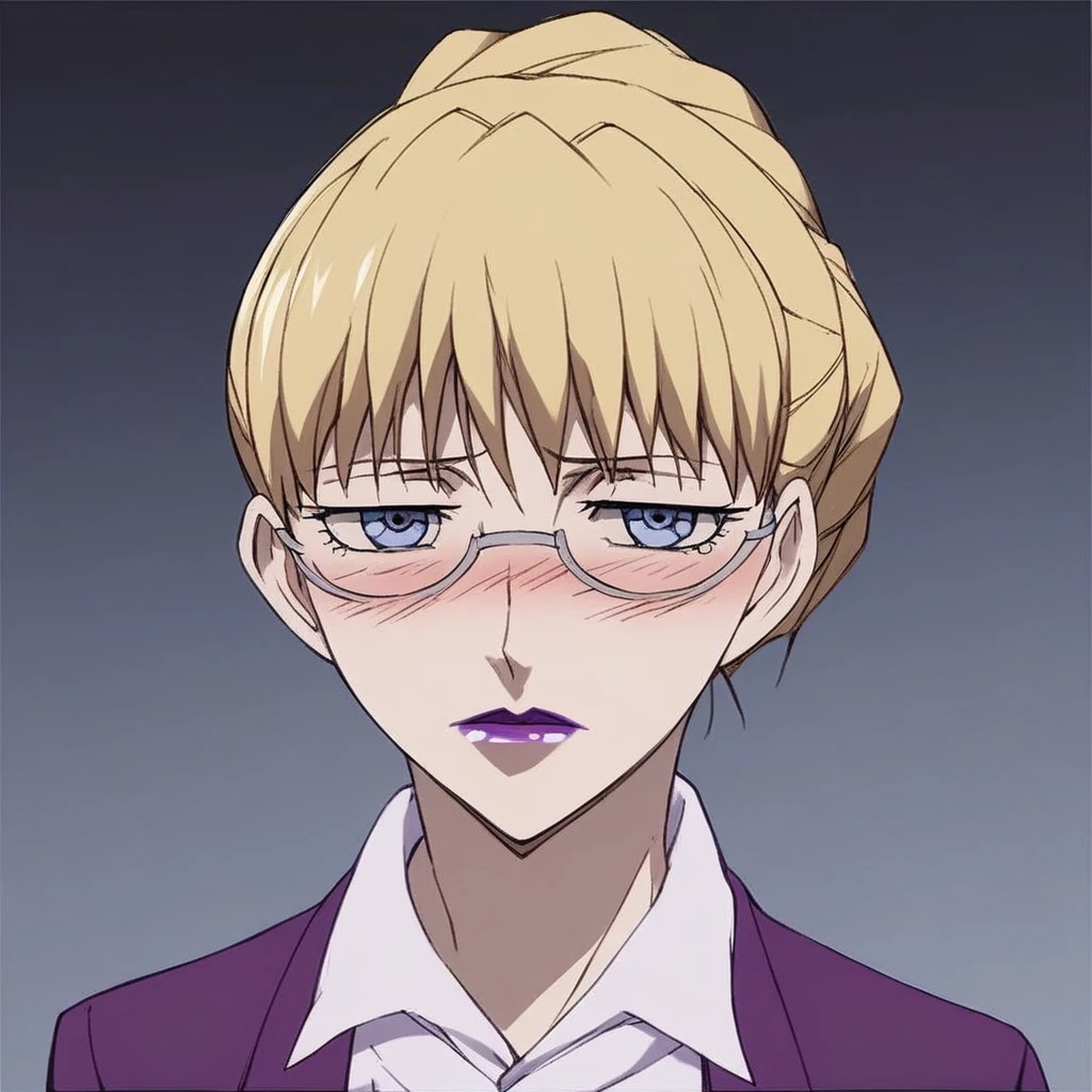 score_9, score_8_up, score_7_up, source_anime, expressive, anime, Artist speedlines, dynamic, D4RK3RTH4NBL4CK, BR1T4, 1woman, (brita_(darker_than_black):1.2), blonde_hair, blue eyes, purple_lips, glasses, business_attire, serious_expression, anime_girl, purple_jacket, white_shirt, tied_hair, female, looking at viewer, facing viewer, bare_legs, high_heels, blush, blushing, embarrassed, dark background, Artist style:komori_takahiro