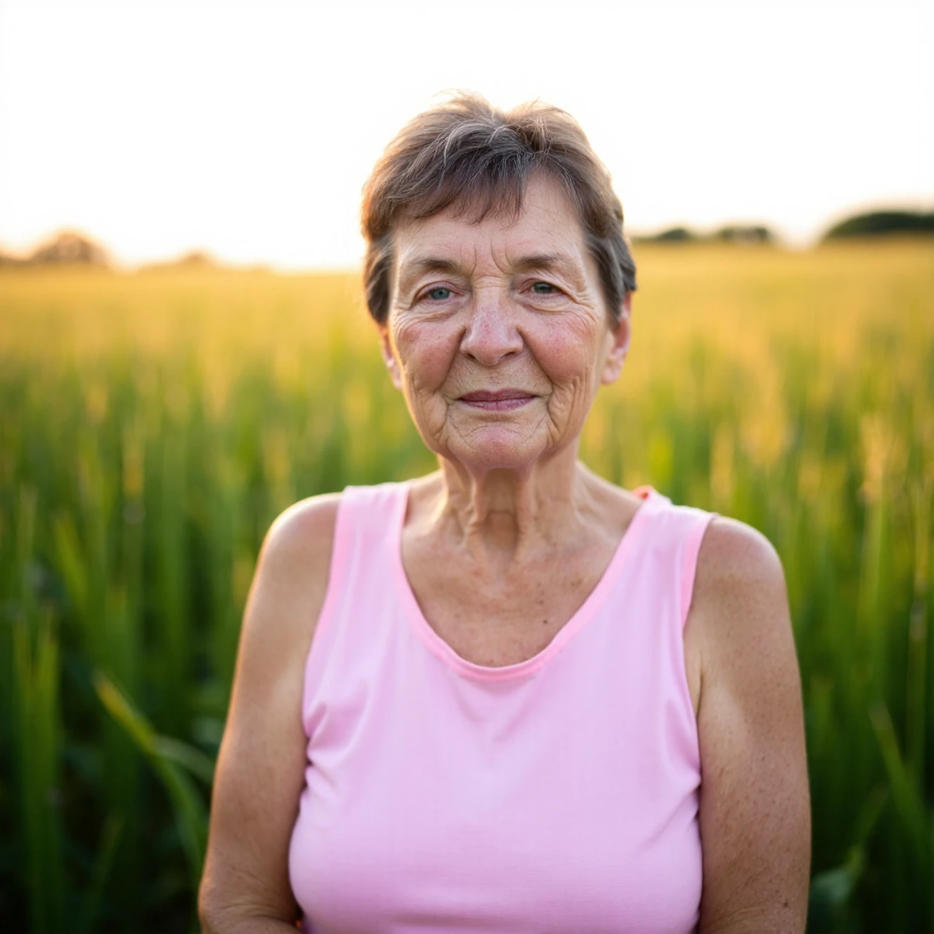 RAW photo, a candid full body portrait of a beautiful 70 year old woman, wrinkled face, (pink summer dress) in early morning light, golden hour, natural sunlight, 8k uhd, dslr, soft lighting, high quality, film grain, Fujifilm XT3
 <lora:FLUX_polyhedron_all_1300:0.5> (pointy chin:1.5), (no cleft chin), (no chin dimple)   <lora:FLUX_polyhedron_chin_teeth_mouth-epoch000002:0.5>
 (dappled light on face), sun on skin, spotlight on face, pointy chin, tiny teeth, closed mouth, (no freckles:0.5), perfect eyes, glowing irises, even eyes, even pupils, round iris, detailed pupils, light reflections, visible cornea, blood vessels, (wet skin:1.1), (sweat:1.1), white winter skin, wax skin, marble skin, pale skin, clear skin, [[skin blemishes]], skin pores, blush, flushed cheeks, [[[[[moles]]]]], wrinkles, [[[[vitiligo spots]]]], [[whiteheads]], [[[blackheads]]], [pimples], perfect hands, shiny bright eyes, centered pupils, blood vessels in sclera, detailed skin, [[oiled shiny skin]], beauty spots, skin fuzz, sss, subsurface scattering, shine from within, hands off face, not asian
background is a meadow at sunrise