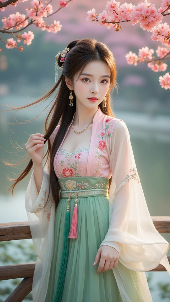 1qqq,realistic,best quality,masterpiece,highres,(exquisite body:1.5),gorgeous face,(milky skin:1.3),intricate details,high resolution,wallpaper,1girl,solo,dress,hair ornament,(((green and pink dress))),flowers,long hair,brown hair,closed mouth,jewelry,long sleeves,wide sleeves,big eyes,floating hair,chinese clothes,hanfu,embroidery,long skirt,natural pose,bridge, river,16K,HDR,highres,depth field,(film grain:1.1),boken,golden hour,(lens flare),vignette,rainbowing,(color grading:1.5),(large breasts:1.2),upper body,