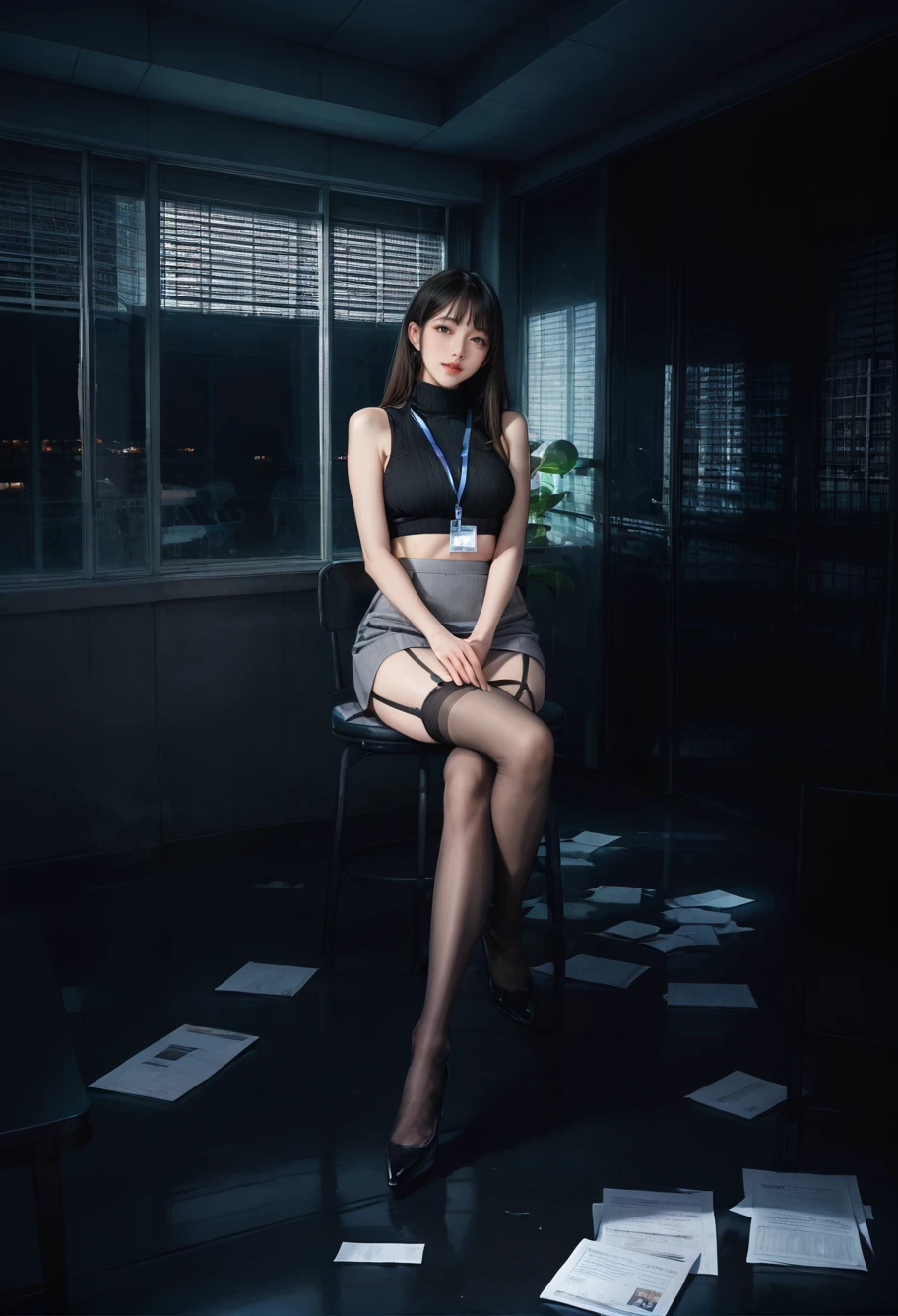 ,ruanyi0943,blinds,indoors,paper,
,ruanyi0897,black thighhighs,garter straps,turtleneck,id card,lanyard,grey skirt,crop top,black sleeveless sweater,long skirt,chair,sitting,full body,
night,dark,<lora:0943 Untitled_v1_pony:1>,<lora:0897 Home wear 3_v1_pony:0.7>, score_9,score_8_up,score_7_up,,8k,1girl,solo,,