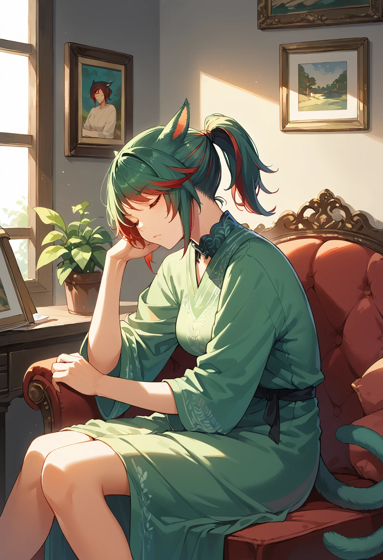 score_9, score_8_up, score_7_up, miqo'te, green hair, red hair, ponytail, short hair, siriha, two-tone hair, tail,  sitting, head tilt, sleeping, closed eyes, chair, volumetric lighting, armchair, paintings,
<lora:miqote siri (pony) v1:1>