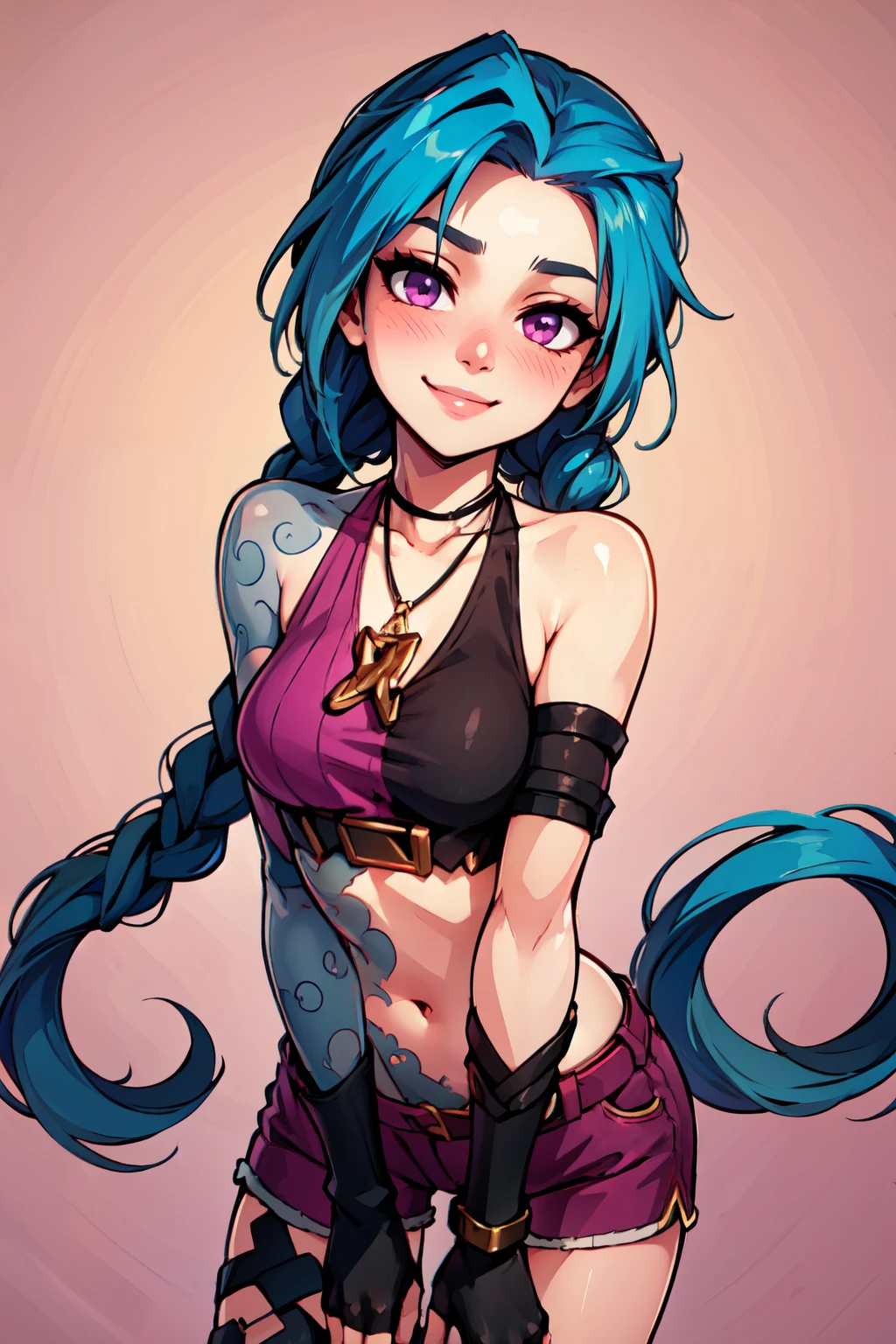 ((masterpiece,best quality)), absurdres,  BREAK, , <lora:Jinx_Leagueoflegends:0.8>,  zzjinx, bare shoulders, navel, fingerless gloves, tattoo, arm tattoo, necklace, purple shorts,, BREAK, leaning forward, head tilt, blush,, BREAK, solo, smile, looking at viewer, cowboy shot,