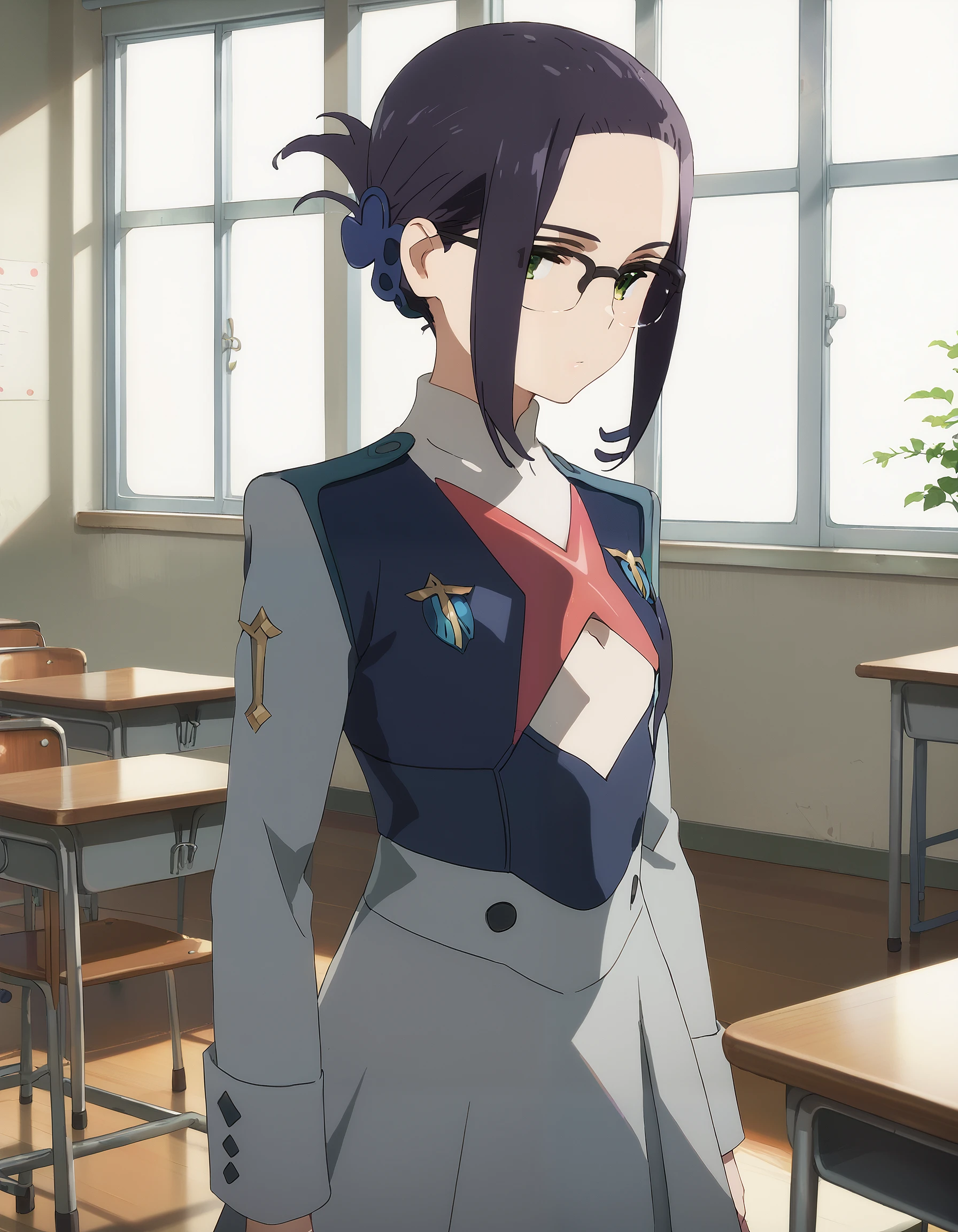 score_9, score_8_up, score_7_up, source_anime, masterpiece, best quality, perfect anatomy, very aesthetic, absurdres, 1girl, solo,

ikuno_franxx, black hair, short hair, hair ornament, butterfly hair ornament, bangs, green eyes, glasses,
military uniform, white blouse, two tone jacket, gray and blue jacket, gray skirt,

indoors, classroom, looking at viewer, cowboy shot,