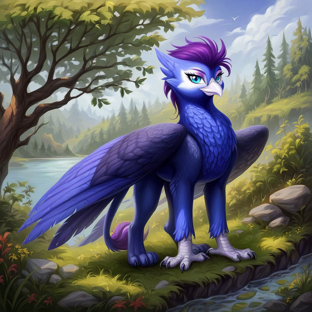 masterpiece, score_9_up, score_8_up, score_7_up, score_6_up, (best quality:1.1), ultra-detailed, high resolution, solo, Anna de Indigo, from equestria at war, griffon, avian, female, indigo purple mane, (beautiful detailed turquoise eyes), long eyelashes, eyeshadow, white beak, blue indigo feathers, detailed facial features, full body, standing, expressiveh, highly visible, sharp focus, anatomically correct, detailed background, outside, outdoors, spruce forest in the background, river with a rocky outcrop