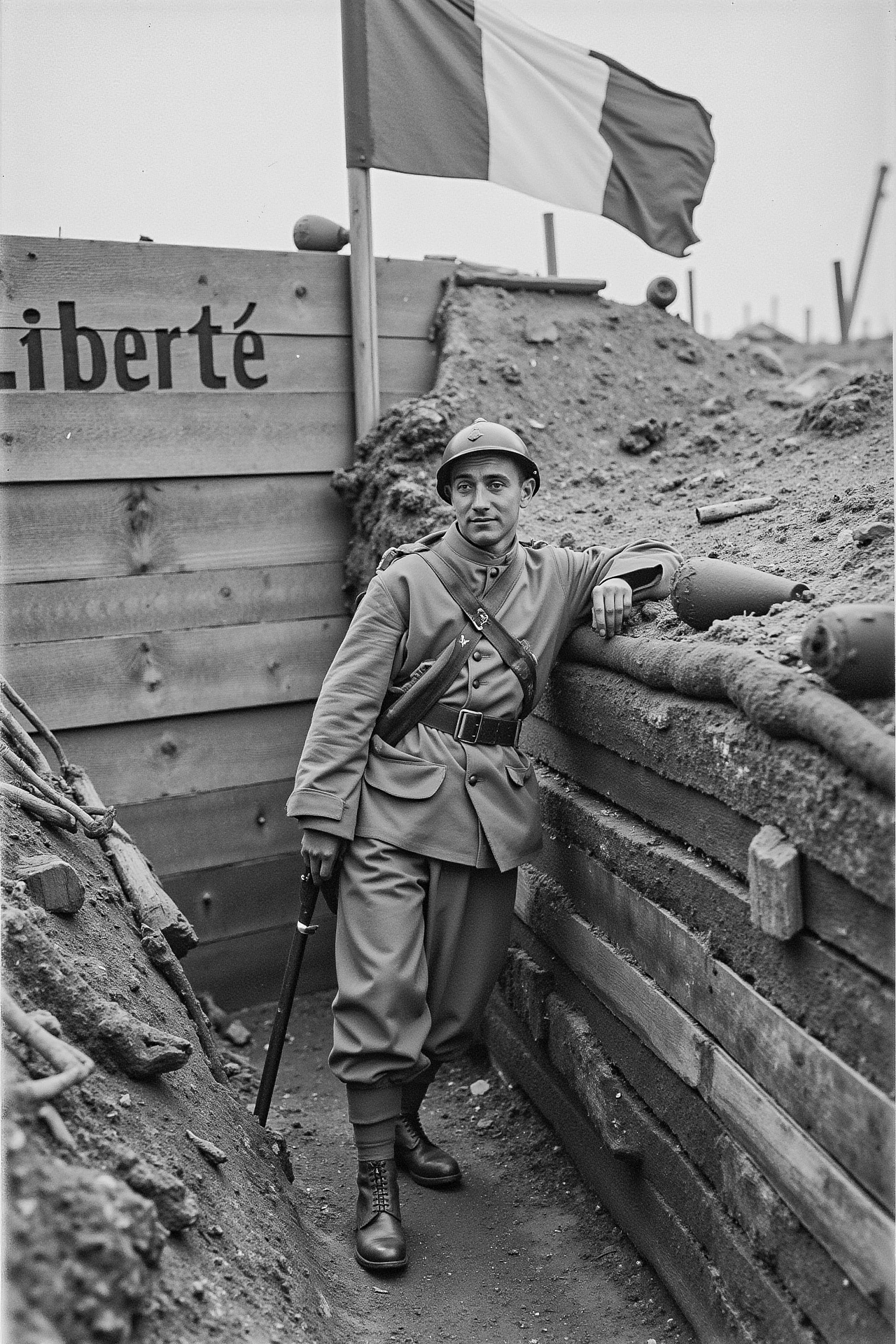 a French WW1 soldier standing resolutely in a trench with his rifle slung over his shoulder. Behind him, a French flag waves proudly in the background, with the word "LibertÃ©" (Liberty) carved into the wooden wall of the trench. Despite the trenchâs worn and battle-hardened appearance, the word âLibertÃ©â stands out, a symbol of hope and freedom amidst the destruction. This patriotic scene emphasizes the soldierâs commitment and the greater cause for which he fights. <lora:french_soldier_flux_v1:1>