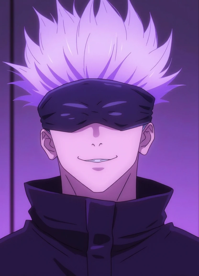 satoru_gojo, black blindfold, smiling, purple aura, white-purple hair