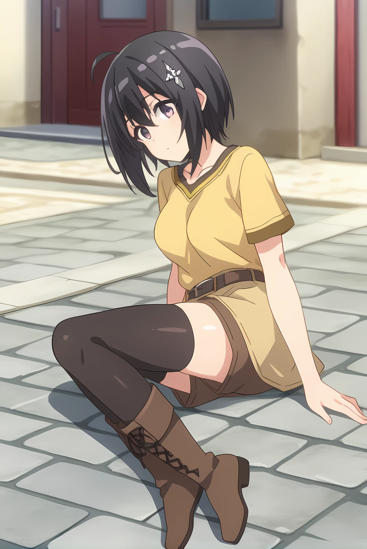 (yellow shirt born skirt brown shorts black thighhighs brown boots belt), bof-maple, black hair, hair ornament, medium breasts, 1girl, solo, skinny, feet, score_9, score_8, score_7, source_anime, , town, (1.3::full body|sitting|standing|lying|0.6::close-up| :1.20), <lora:bof-maple-V01-000004:0.80>