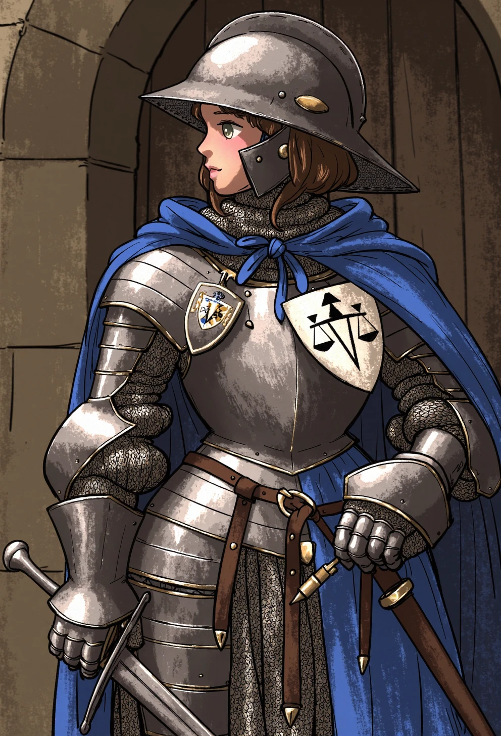 A female medieval knight from France would wear a full suit of polished plate armor, subtly contoured to suggest a feminine shape, especially around the chest and waist. Her helmet would be sleek and close-fitting, with a narrow visor and possibly a decorative plume. Over her armor, she might don a richly embroidered surcoat or tabard bearing her family crest. She would carry a long sword with a finely crafted hilt and a smaller, agile shield emblazoned with her coat of arms. A flowing, royal-blue cloak might drape over her shoulders, adding a touch of elegance to her formidable appearance.