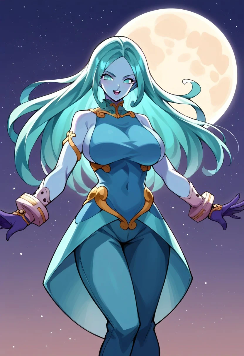 BREAK score_9, score_8_up, score_7_up, source_anime,  1girl, solo, lagss_glass_people, pale blue eyes, pale blue skin, pale turquoise gray hair, huge breasts, wide hips, night, moon, flying,