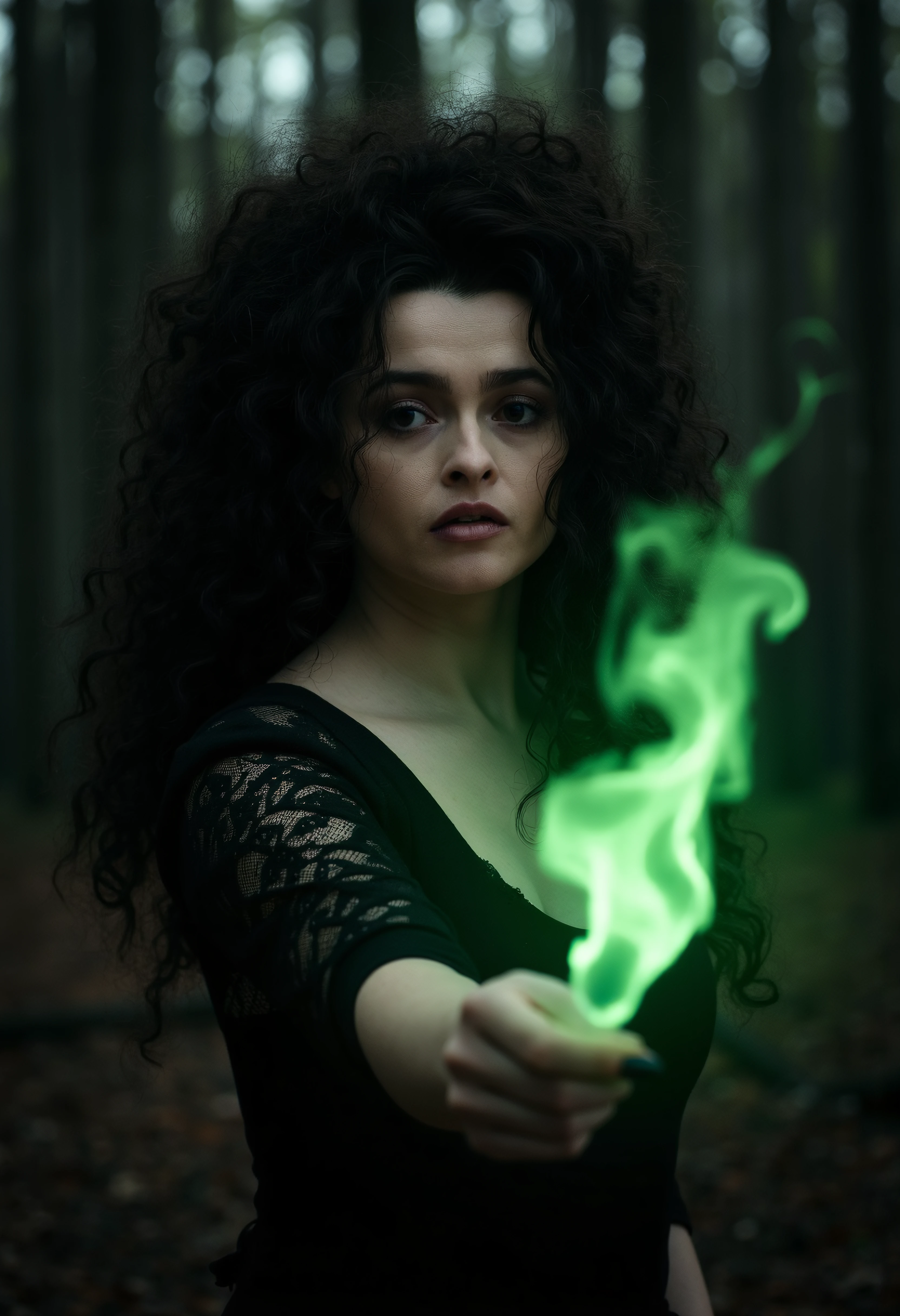 portrait of a woman, she is in a dark forest, she has puffy curly hair, focus is on the woman, she is holding a green flame