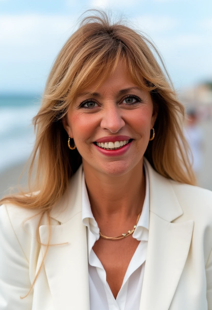 a portrait photo of alessandramussolini. She is smiling, showing her teeth. She has long messy hair that flows over her shoulders. Her skin shows ageing wrinkles. She is wearing red lipstick on her large lips, and she is wearing gold earrings and a gold necklace. She is wearing a white business suite and a white shirt. The background is blurry and shows an Italian beach in summer.