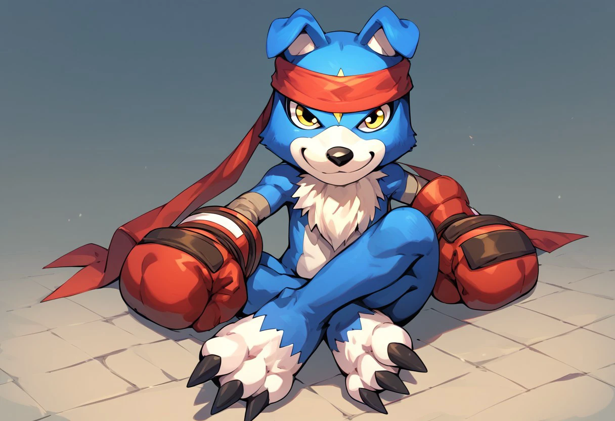 gaomon (character), digimon (creature), dog boy, blue body, boxing gloves, headband, yellow eyes, anthro, score_9, score_8, score_7_up, score_6_up, solo, sitting, full body, smile, crossed legs,