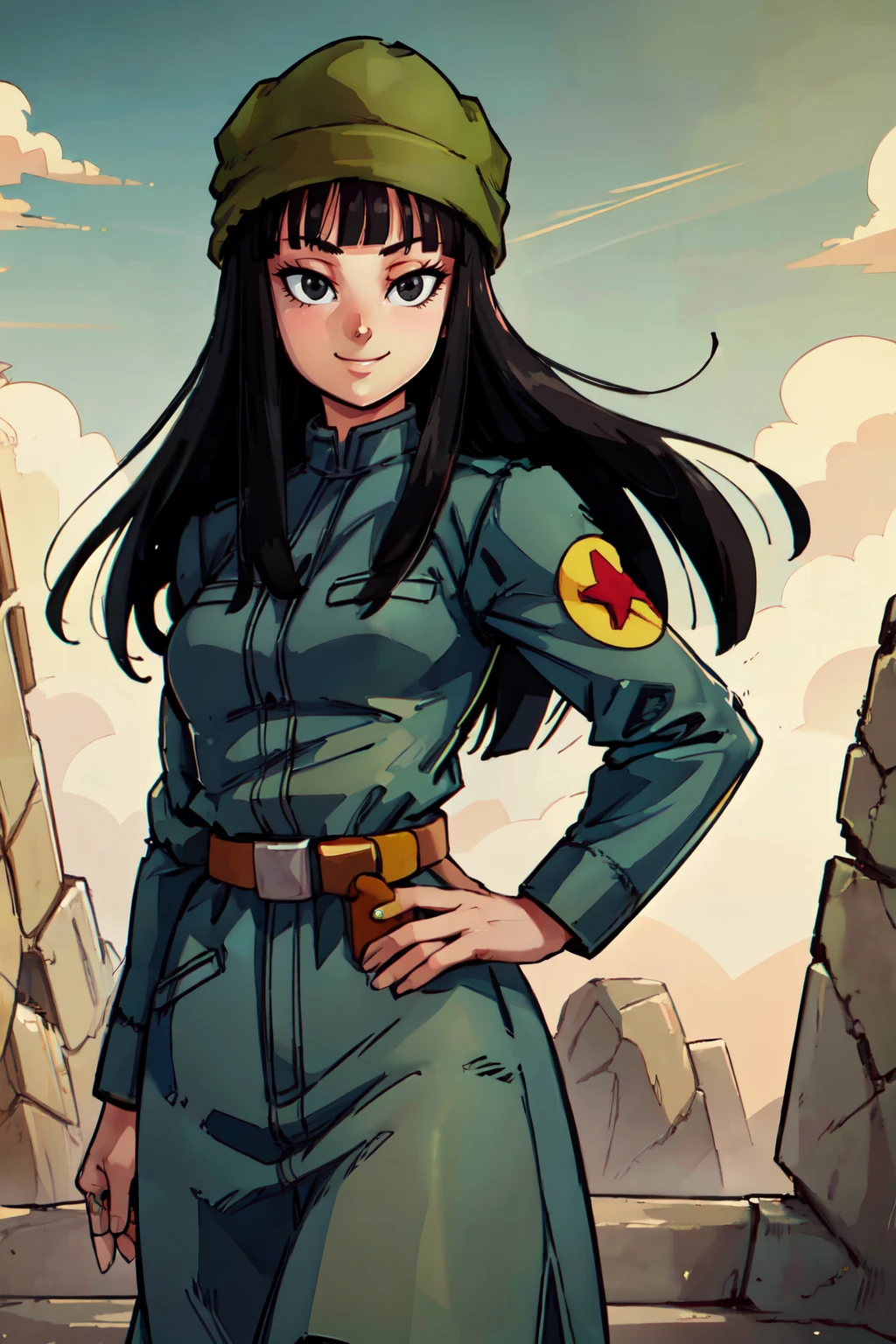 ((masterpiece,best quality)), absurdres,  BREAK, , <lora:FutureMai_DragonBall:0.8>,  zzMai, long hair, black hair, black eyes, blunt bangs,  military uniform, belt, green hat, BREAK, hip to the side, contrapposto,, BREAK, solo, smile, looking at viewer, cowboy shot,