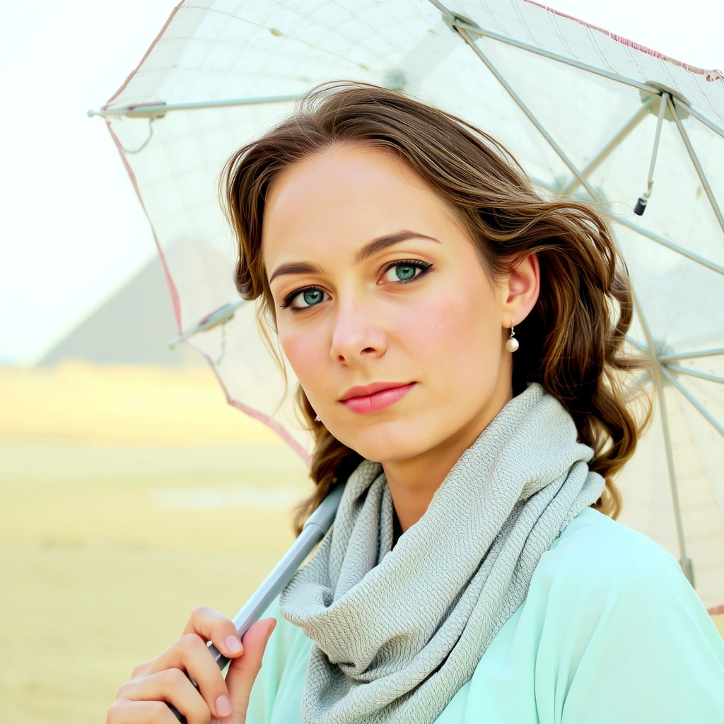 high key, over exposure, a portrait of woman with a umbrella in the desert of Egypt, pyramid,