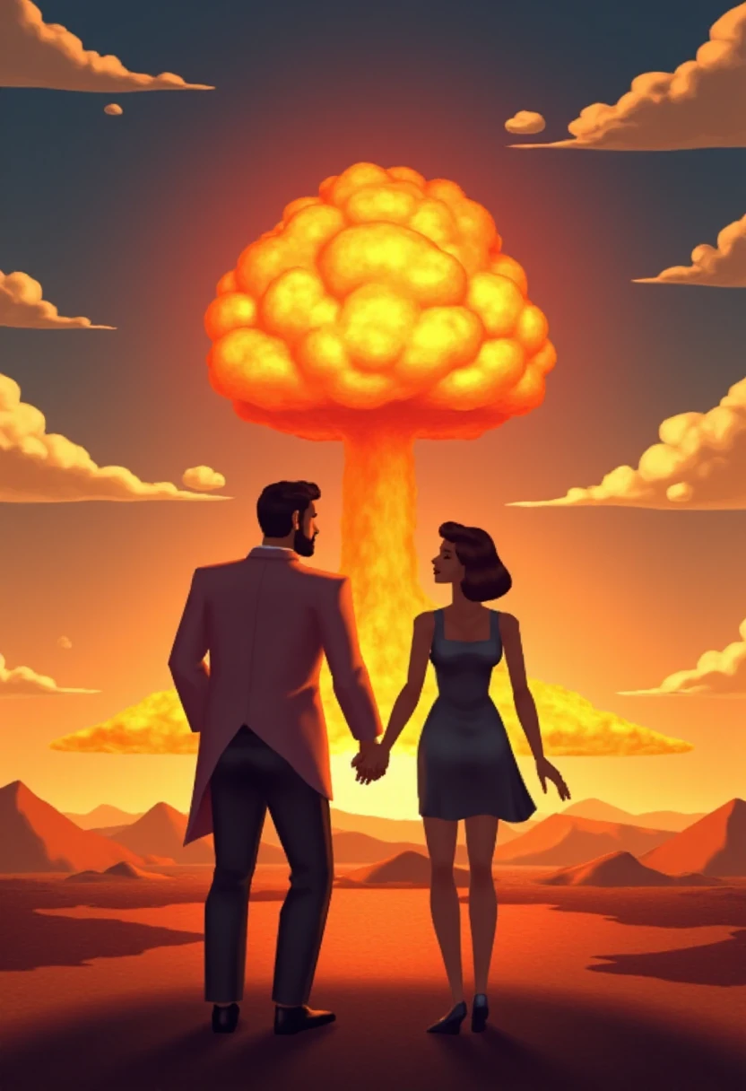 <WARNING: DON'T REMIX THIS WITHOUT SETTING THE STRENGTH TO A LOWER VALUE: RECOMMENDED 1.0 - 1.3>
simsstyle, A man and a woman holding hands with a nuclear explosion mushroom cloud in the background. low poly.    <lora:The_Sims_1_Style_F1D:1.7>