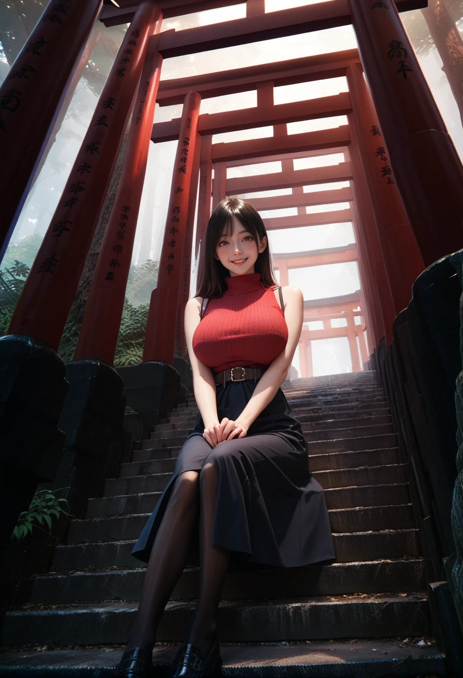 ,ruanyi0942,multiple torii,outdoors,stone stairs,tree,
sitting on stairs,,belt,black pantyhose,high-waist skirt,sleeveless sweater,red sweater,ruanyi0892,<lora:0942 torii_v1_pony:1>,<lora:0892 Home wear_v1_pony:0.7>, score_9, score_8_up, score_7_up, score_6_up, score_9, score_8_up, score_7_up, score_6_up source_anime, blush, 1girl, seduce smile, perfect body , natural huge breasts