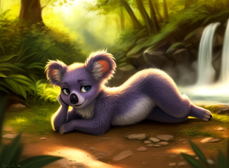 <lora:MirandaTheOutDom:0.8> MirandaTheOut, koala, light purple fur, blue eyes, (chibi,)
[  (nature), forest, day, clouds, waterfall,  smile,]  (lying on its side, smiling,) 
(beautiful, aesthetic, perfect, delicate, intricate, saturated colors), masterpiece, digital drawing, best quality,
[by kenket|by totesfleisch8], by thebigslick:by silverfox5213:0.8], [by syuro, by paloma-paloma::0.2, (Tricksta, TotesFleisch8)