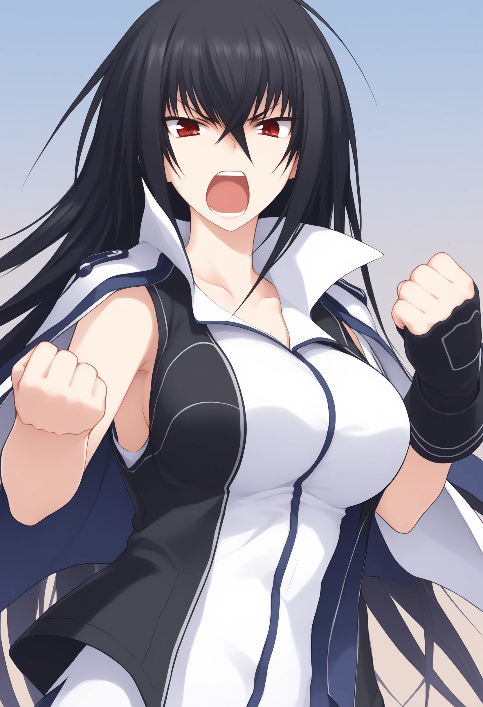 black hair, long hair, score_9, KawaMomo, Kawakami, 1girl, solo, red eyes, open mouth, breasts, jacket, large breasts, clenched hand, black jacket on shoulders, hair between eyes, military, collarbone, upper body, looking at viewer, sleeveless, angry,  <lora:Momo_Kawa_V1:1>